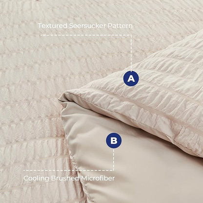 HYMOKEGE Beige Queen Comforter Set Seersucker 7 Pieces, All Season Luxury Bed in a Bag for Bedroom, Bedding Set with Comforters, Sheets, Pillowcases & Shams