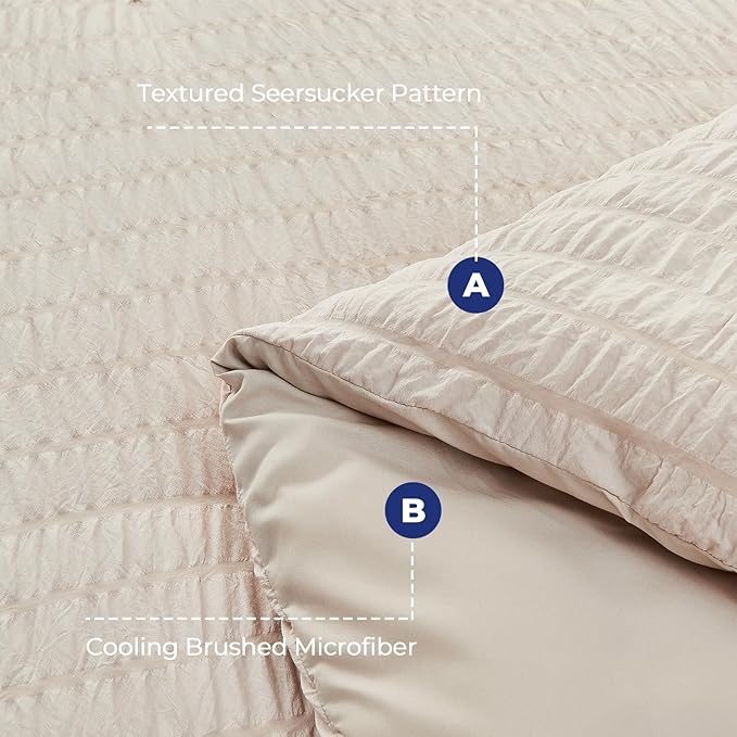 HYMOKEGE Beige Oversized Queen Comforter Set Seersucker 7 Pieces, All Season Luxury Bed in a Bag for Bedroom, Bedding Set with Comforter, Sheets, Pillowcases & Shams