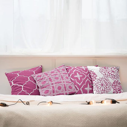 Ambesonne Vintage Throw Pillow Cushion Case Pack of 4, Monochrome Design Grid Trellis Quatrefoil Mesh and Dahlia Flowers Modern Print, Modern Accent Double-Sided Digital Printing, 24", Pink and White