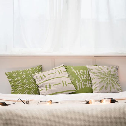 Ambesonne Modern Throw Pillow Cushion Case Pack of 4, Scandinavian Minimal Ornaments Boho Feather Leaves and Home Phrase, Modern Accent Double-Sided Digital Printing, 24", Pale Tan and Pistachio Green