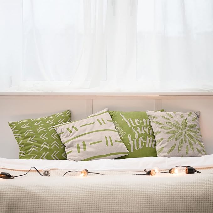 Ambesonne Modern Throw Pillow Cushion Case Pack of 4, Scandinavian Minimal Ornaments Boho Feather Leaves and Home Phrase, Modern Accent Double-Sided Digital Printing, 18", Pale Tan and Pistachio Green