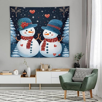 Tapestry Snowman Couple Wall Hanging Wall Tapestry Aesthetic Winter Snowflake Cute Cartoon Funny Snowman Wall Tapestries Wall Hanging Decor Tapestry for Bedroom Aesthetic Alt Room Landscape 50"x60"