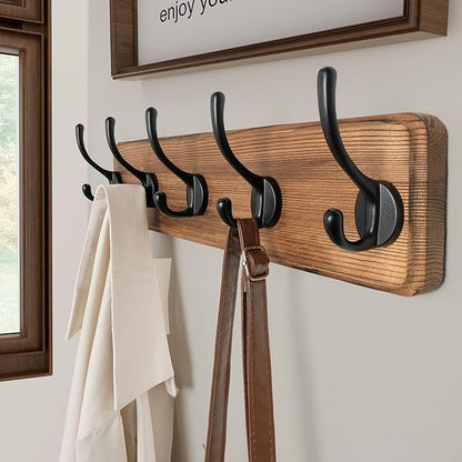 SKOLOO Rustic Wall Mounted Coat Rack with 16 Inch Mounting Hole Distance, Pine Solid Wood Coat Hook Hanger - 5 Hooks for Hanging Clothes Robes Towels Coats
