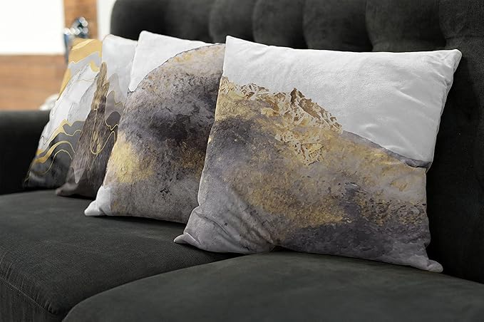 Ambesonne Marble Print Throw Pillow Cushion Case Pack of 4, Modern Art Design Paintbrush Stains Look with Mountains and Sun, Modern Accent Double-Sided Digital Printing, 24", Mustard and Taupe Grey