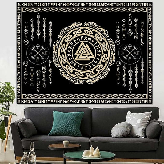 OSUNBD Nordic Viking Tapestry Wall Hanging - Small 40x30inches Soft Flannel with Valknut, Celtic Runes & Norse Mythology Scandinavian for Bedroom, Living Room Decor