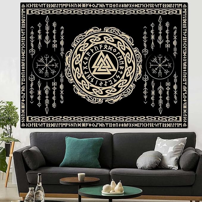 OSUNBD Nordic Viking Tapestry Wall Hanging - Small 60x51inches Soft Flannel with Valknut, Celtic Runes & Norse Mythology Scandinavian for Bedroom, Living Room Decor