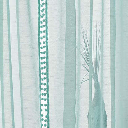 Treatmentex Aqua-Blue Pom-Pom Sheer Curtains for Bedroom Nursery Room 63inches Long Linen Textured Window Sheer Drapes 52" W, 1 Pair, Rod Pocket