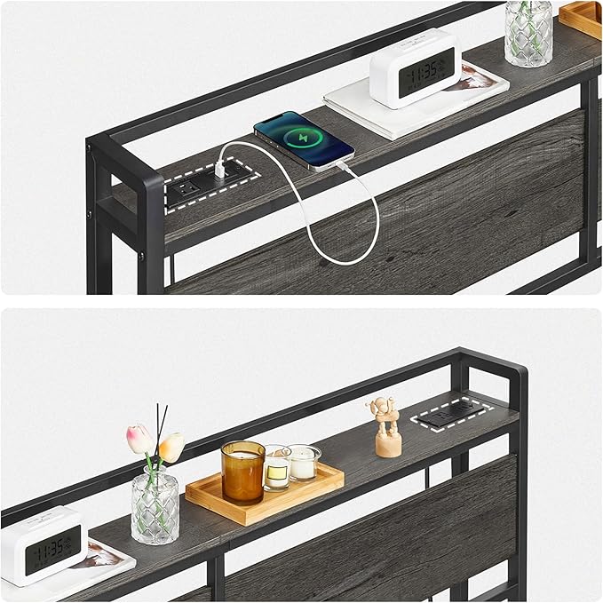 HOOBRO King Size Headboard, Headboard with 2 Outlets and 4 USB Ports, Adjustable Height, Storage Rack, Sturdy and Stable, Easy Assembly, Charcoal Gray and Black
