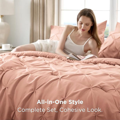 Bedsure Twin Comforter Set Dusty Pink - Bed in a Bag Twin Size Bedding 5 Pieces, GentleSoft™ Pintuck Bed Set Gift for Family, Pinch Pleat Dusty Pink Comforter with Sheets, Pillowcase & Sham