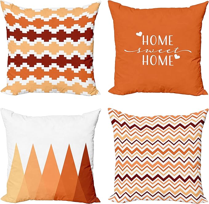 Ambesonne Modern Throw Pillow Cushion Case Pack of 4, Geometric Style Pattern of Triangles Zigzags Love Home Phrase Print, Modern Accent Double-Sided Digital Printing, 18", Burnt Orange and Burgundy