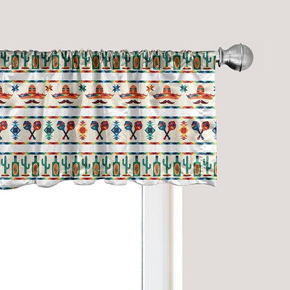 Ambesonne Mexican Window Valance Pack of 2, Latin American Cultural Native Borders Indigenous Saguaro Sombrero Tequila Bottle, Rod Pocket Curtain Valances for Kitchen Bedroom, 54" X 12", Jade Green