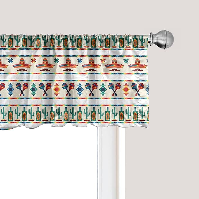 Ambesonne Mexican Window Valance, Latin American Cultural Native Borders Indigenous Saguaro Sombrero Tequila Bottle, Curtain Valance for Kitchen Bedroom Decor with Rod Pocket, 42" x 18", Jade Green