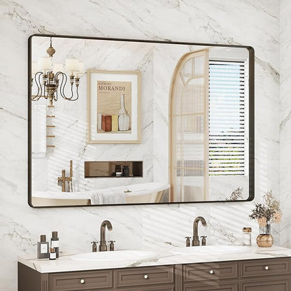 48x32 Bronze Framed Bathroom Mirror, Brushed Bronze Metal Vanity Mirror, Bronze Rectangle Mirror for Wall, Rounded Corner, Tempered Glass, Anti-Rust, Shatterproof (Horizontal/Vertical)