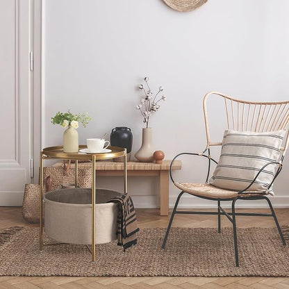 danpinera Round Side Table with Fabric Storage Basket, Pack of 2, Metal Side Table Small Bedside Nightstand with Removable Tray Top for Living Room, Bedroom, Nursery, Laundry, Gold