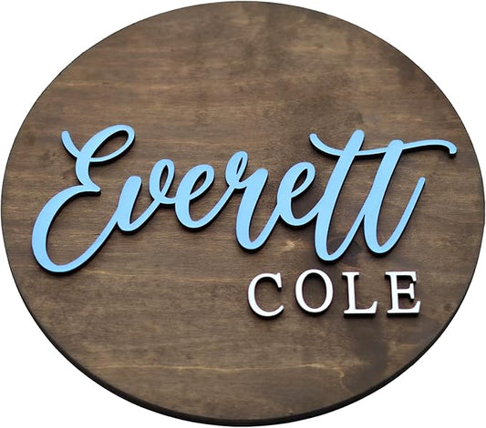 Custom Round Nusery Name Sign, Personalized 3D Baby Name Announcement Sign, Personalized Wooden Wall Plaque, 3D Wall Art for Children & Kids Rooms, Family Name Signs, 30 Colors (Design 7)