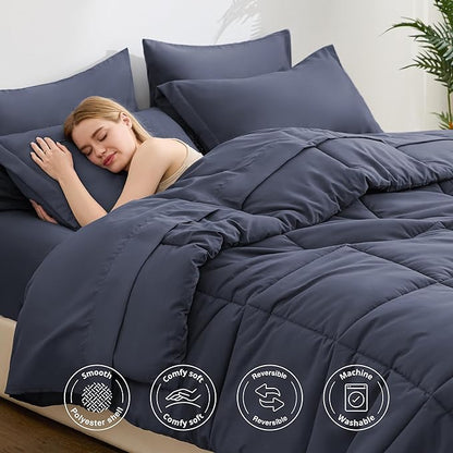 Love's cabin Queen Comforter Set Indigo Blue, 7 Pieces Queen Bed in a Bag, All Season Bedding Sets with 1 Comforter, 1 Flat Sheet, 1 Fitted Sheet, 2 Pillowcase and 2 Pillow Sham