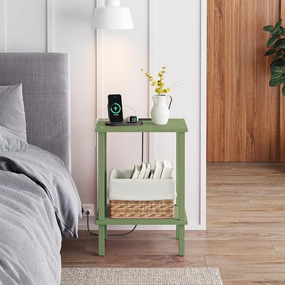 TUTOTAK End Table with Charging Station, Small Side Table with Outlets, Nightstand Bedside Table, 2-Tier Storage Shelf for Small Space, Living Room, Bedroom, Olive Green TB01BOG040
