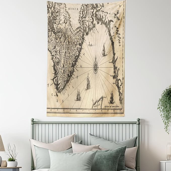 Lunarable World Map Tapestry Queen Size, Map of Southern Part of The Norway Vikings World Old Scandinavian Land, Wall Hanging Bedspread Bed Cover Wall Decor, Queen Size, Cream Grey