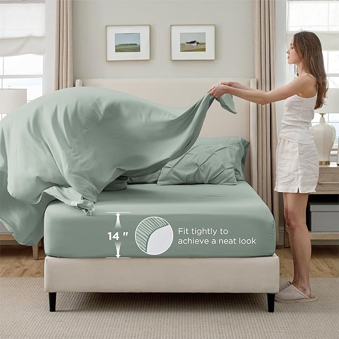 Bedsure Queen Comforter Set Sage Green - Bed in a Bag Queen Size Bedding 7 Pieces, GentleSoft™ Pintuck Bed Set Gift for Family, Pinch Pleat All Season Comforter with Sheets, Pillowcases & Shams