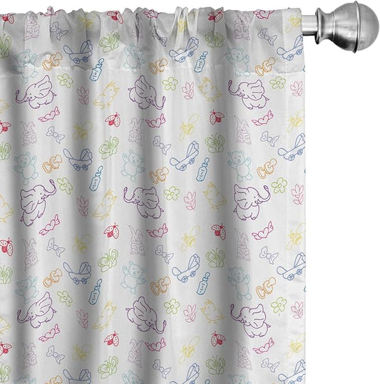 Ambesonne Cartoon Curtains, Drawing Style Elephants Teddy Bears Flowers Butterflies Bees Pattern, Window Treatments 2 Panel Set for Living Room Bedroom, Pair of - 28" x 84", Blue White