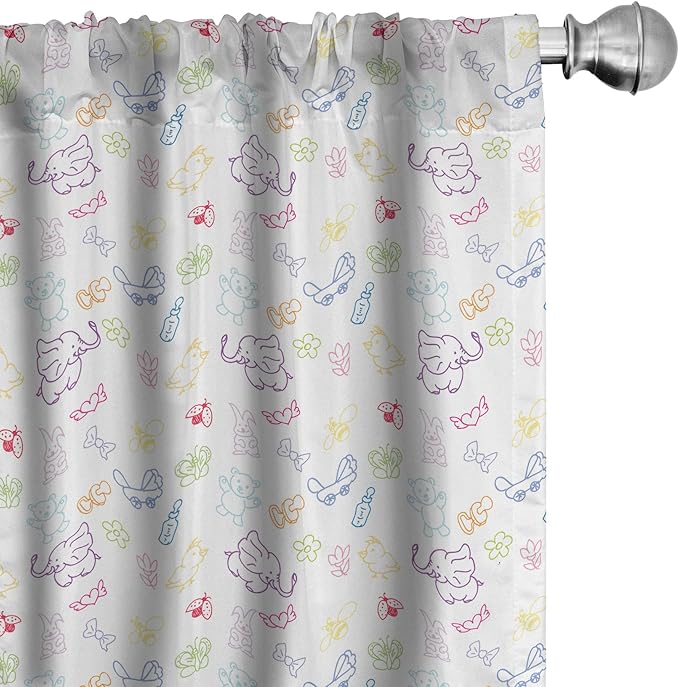 Ambesonne Cartoon Curtains, Drawing Style Elephants Teddy Bears Flowers Butterflies Bees Pattern, Window Treatments 2 Panel Set for Living Room Bedroom, Pair of - 28" x 63", Blue White