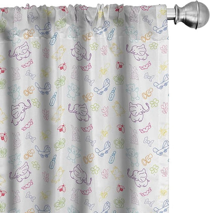 Ambesonne Cartoon Curtains, Drawing Style Elephants Teddy Bears Flowers Butterflies Bees Pattern, Window Treatments 2 Panel Set for Living Room Bedroom, Pair of - 28" x 63", Blue White