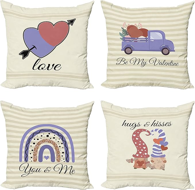 Ambesonne Romantic Throw Pillow Cushion Case Pack of 4, Love Hearts Arrow You and Me Be My Valentine Hugs Kisses Lettering, Modern Accent Double-Sided Digital Printing, 18", Ivory Lavender Pale Rust
