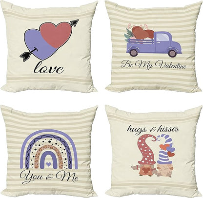 Ambesonne Romantic Throw Pillow Cushion Case Pack of 4, Love Hearts Arrow You and Me Be My Valentine Hugs Kisses Lettering, Modern Accent Double-Sided Digital Printing, 18", Ivory Lavender Pale Rust