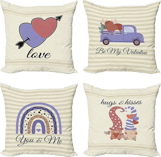 Ambesonne Romantic Throw Pillow Cushion Case Pack of 4, Love Hearts Arrow You and Me Be My Valentine Hugs Kisses Lettering, Modern Accent Double-Sided Digital Printing, 18", Ivory Lavender Pale Rust