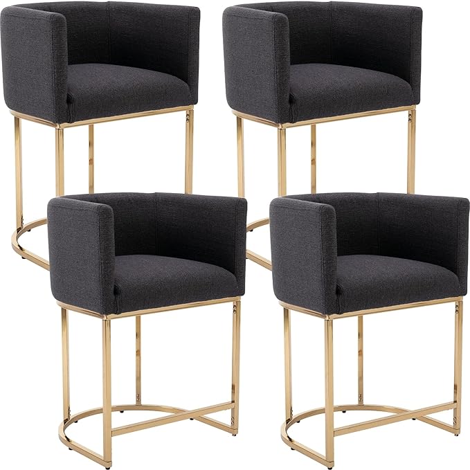 Modern Counter Height Linen Upholstered Bar Stools Set of 4, 24" Kitchen Counter Island Stools Bar Chairs with Gold Metal Frame for Kitchen Island, Charcoal