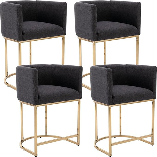 Modern Counter Height Linen Upholstered Bar Stools Set of 4, 24" Kitchen Counter Island Stools Bar Chairs with Gold Metal Frame for Kitchen Island, Charcoal