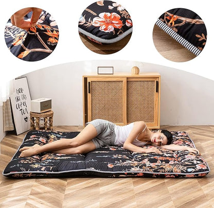 Black Floral Japanese Futon Floor Mattress, Bed Mattress Topper Portable Thick Sleeping Pad Floor Bed Roll Up Camping Mattress Folding Couch Bed Mattress Pad for Guest Room, Twin Size
