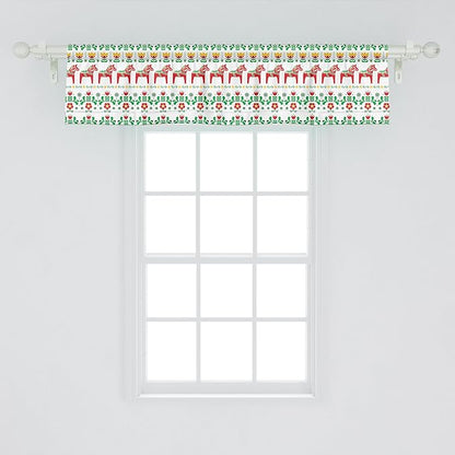 Ambesonne Folk Art Window Valance, Scandinavian Themed Pattern of Swedish Dala Horse and Flowers, Curtain Valance for Kitchen Bedroom Decor with Rod Pocket, 54" X 12", Green Vermilion