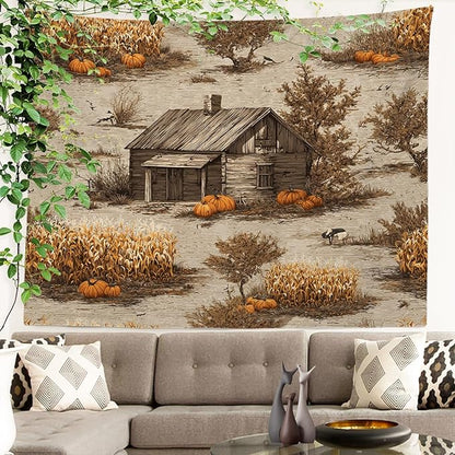 Batmerry Vintage Harvest Tapestry, Cabin In Pumpkin Field Wall Art Hanging Decoration Polyester Fiber White Ruffled Around for Dorm Room Bedroom Living Room, 59.1x82.7 inches