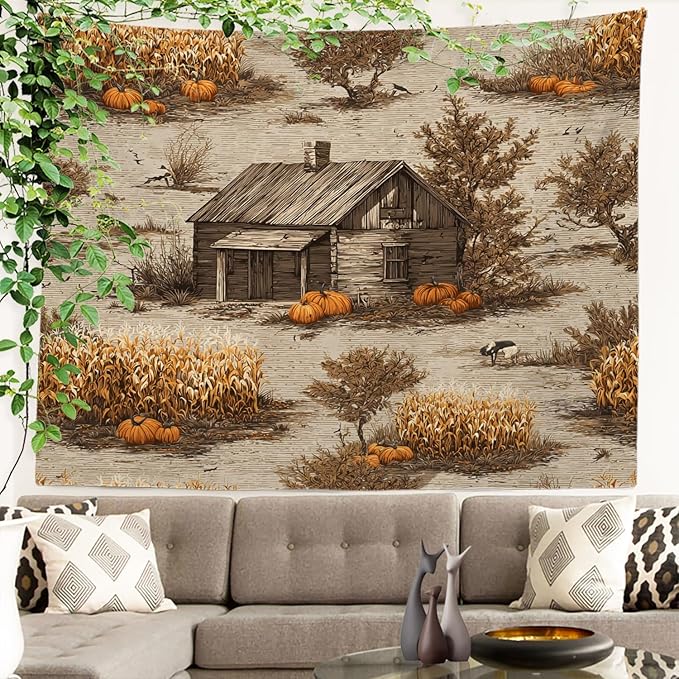 Batmerry Vintage Harvest Tapestry, Cabin In Pumpkin Field Wall Art Hanging Decoration Polyester Fiber White Ruffled Around for Dorm Room Bedroom Living Room, 39.1x59.1 inches