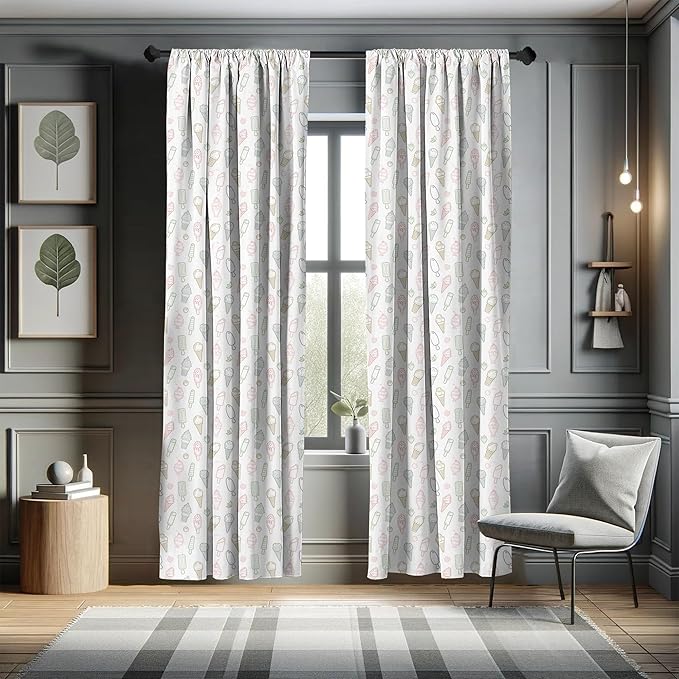 Ambesonne Ice Cream Window Curtains, Different Types of Ice Cream Pastel Color Design Pattern Retro Outlines, Lightweight Decor 2-Panel Set with Rod Pocket, Pair of - 28" x 84", White and Beige