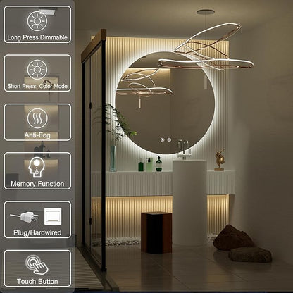 32 Inch Round LED Mirror for Bathroom, Backlit Vanity Round Bathroom Mirror with Lights, LED Lighted, Dimmable, Anti-Fog, Touch, 3000K/4500K/6000K