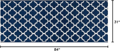 Custom Size Cut to Length Moroccan Trellis Design Runner Rug Mat For Wide Long Hallways with Non-Slip Rubber Backing, Better Traction for Pets, Prevent Slippage, Trellis Navy Blue, 31 inch X 7 feet