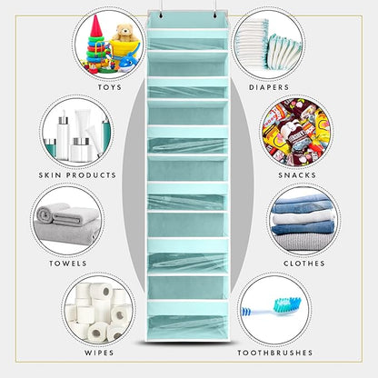 HOMELUX THEORY 2 PC Heavy Duty Over the Door Organizer 55x14x6.7, 6 Large Front & 12 Side Pockets, Hanging Storage Closet Door Organizer for Bedroom, Bathroom and Baby Nursery Storage (Baby Blue)