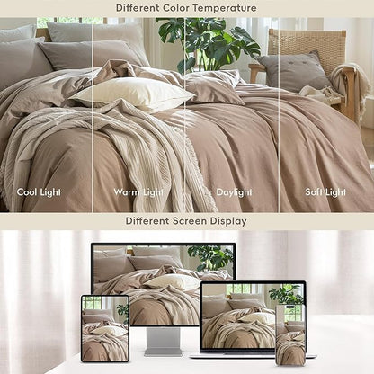 MooMee Bedding Duvet Cover Set 100% Washed Cotton Linen Like Textured Breathable Durable Soft Comfy (Solid Brown, Full 80"x90")