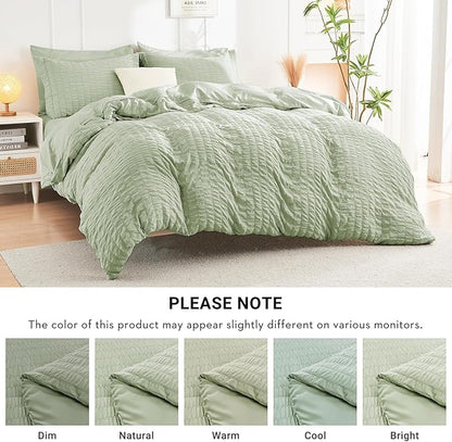HYMOKEGE Light Green California King Comforter Set Seersucker 7 Pieces, All Season Luxury Bed in a Bag for Bedroom, Bedding Set with Comforters, Sheets, Pillowcases & Shams