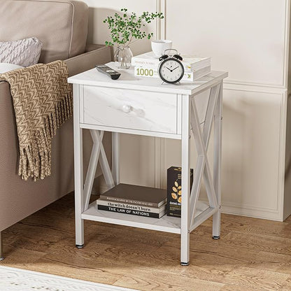 VECELO Nightstands Set of 2, Modern Bedside End Tables, Night Stands with Drawer and Storage Shelf for Living Room Bedroom, Industrial Metal Frame