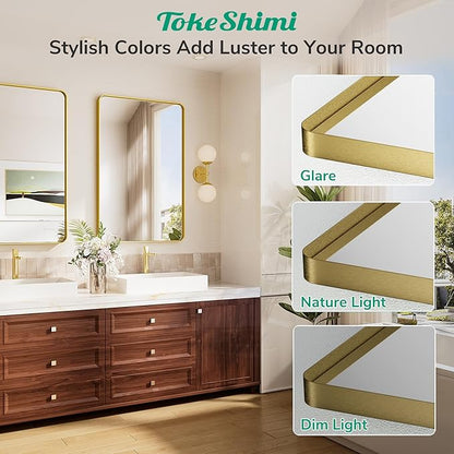 TokeShimi Gold Bathroom Mirror 22x30,HD Tempered Glass,Brushed Gold Bathroom Vanity Mirror for Over Sink,Aluminum Framed Mirror Wall(Horizontal/Vertical)