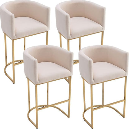 Modern Counter Height Linen Upholstered Bar Stools Set of 4, 32" Kitchen Counter Island Stools Bar Chairs with Gold Metal Frame for Kitchen Island, Cream