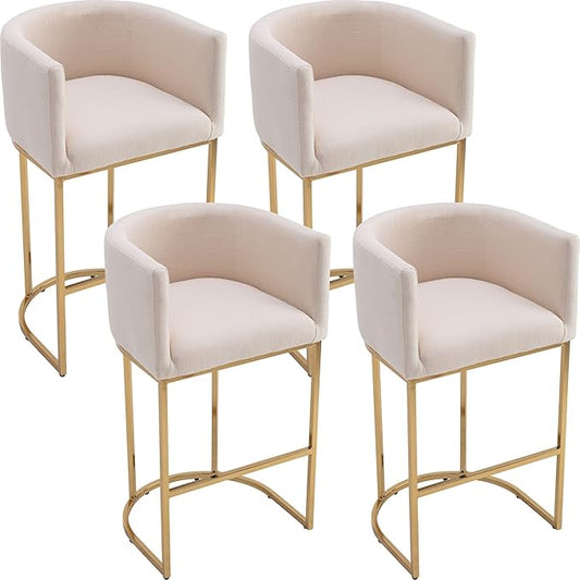 Modern Counter Height Linen Upholstered Bar Stools Set of 4, 32" Kitchen Counter Island Stools Bar Chairs with Gold Metal Frame for Kitchen Island, Cream