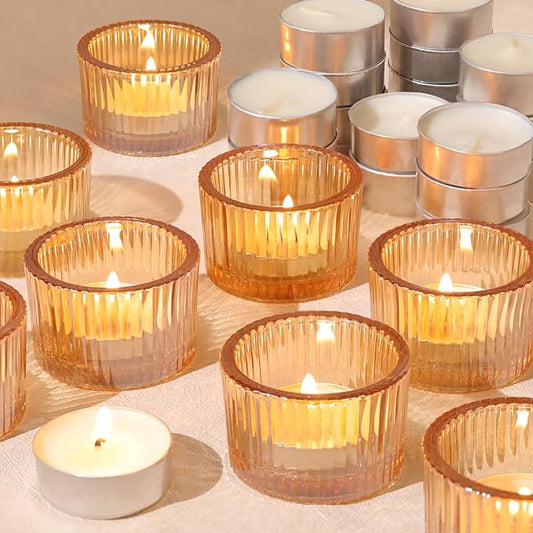 18 pcs Gold Tealight Candle Holders with 18PCS Tealights, Glass Votive Candle Holders Set for Table Centerpiece, Home Decor and Party Supplies