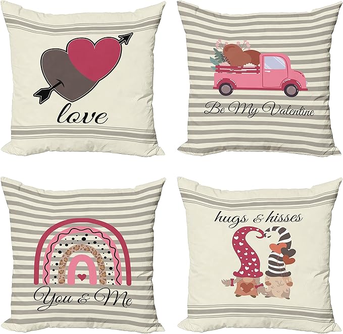Ambesonne Romantic Throw Pillow Cushion Case Pack of 4, Love Hearts Arrow You and Me Be My Valentine Hugs Kisses Lettering Print, Modern Accent Double-Sided Digital Printing, 16", Ivory Taupe and Pink