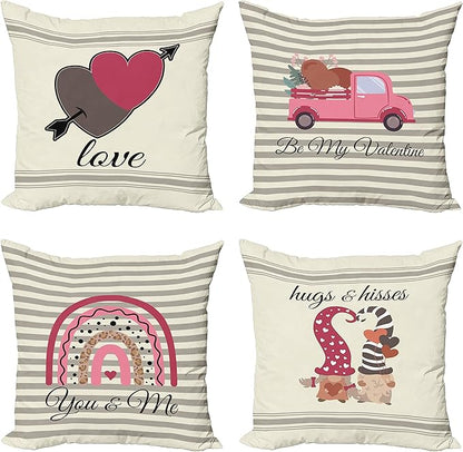 Ambesonne Romantic Throw Pillow Cushion Case Pack of 4, Love Hearts Arrow You and Me Be My Valentine Hugs Kisses Lettering Print, Modern Accent Double-Sided Digital Printing, 16", Ivory Taupe and Pink