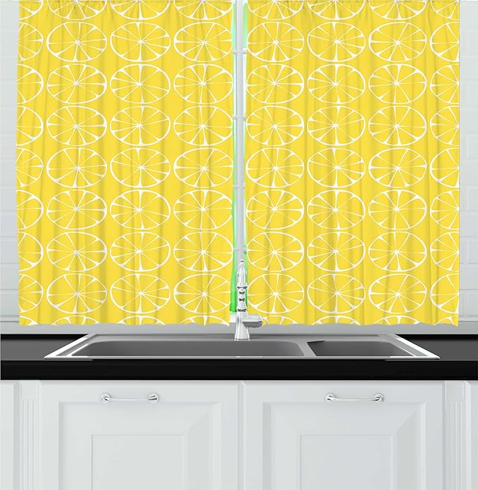 Lunarable Lemon Kitchen Curtains, Summer Inspired Pattern with Round Citrus Slices Vitamin Sour Fruit, Window Drapes 2 Panel Set for Kitchen Cafe Decor, 55" x 30", Pastel Yellow and White