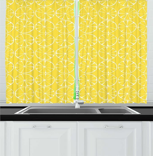 Lunarable Lemon Kitchen Curtains, Summer Inspired Pattern with Round Citrus Slices Vitamin Sour Fruit, Window Drapes 2 Panel Set for Kitchen Cafe Decor, 55" x 30", Pastel Yellow and White